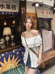 新款女款露肩短袖上衣，夏季成熟法式風開衩顯瘦設計小眾甜辣露肩上衣 白色 - 白色 - 查看 6