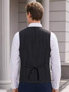Officeau Men's Old Money Black & White Striped Waistcoat, For Business Formal/ Evening - Black - View 2