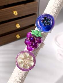 1pc/3pcs Colorful Purple Grape, Mangosteen, Blueberry Artificial Fruit Shaped Women's Ring, Cute Realistic Fruit Ring Creative Fashion Accessory - Purple - View 2