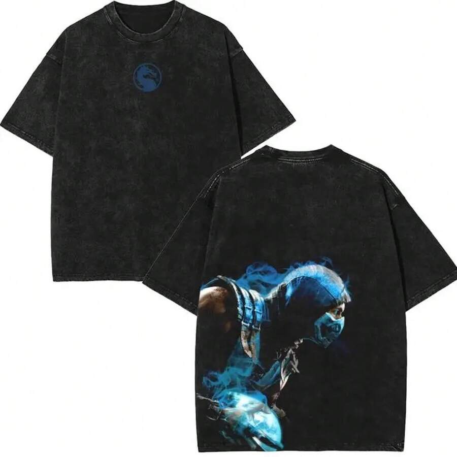 CAMISETA SUBZERO para hombre, de manga corta, lavada, de corte holgado, unisex, con estampado gráfico de videojuegos, estilo streetwear. - Negro - Ver 1