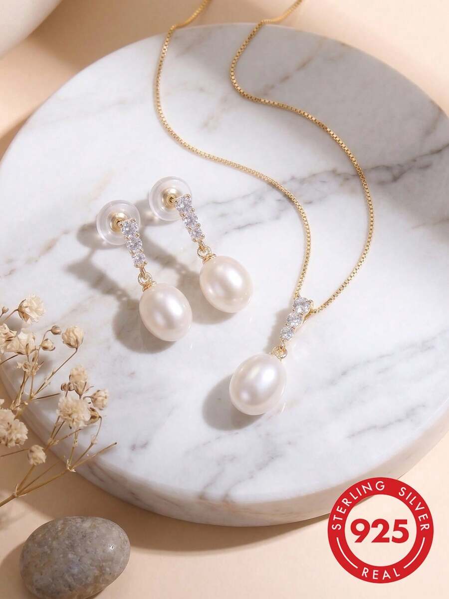 AETOLIA Juego de joyas de plata de ley 925 con perlas naturales, collar y pendientes de circonita cúbica, regalo de aniversario de boda para mujer