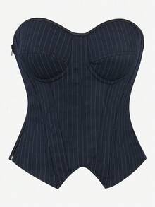 Corsé bustier de sobrepecho, a rayas con copas, body sin tirantes para mujer, prenda moldeadora adelgazante, adecuado para disfraces, mascaradas, Halloween. - Azul Marino - Ver 1