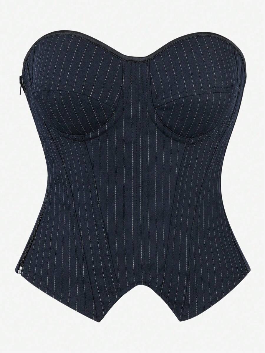 Corsé bustier de sobrepecho, a rayas con copas, body sin tirantes para mujer, prenda moldeadora adelgazante, adecuado para disfraces, mascaradas, Halloween. - Azul Marino - Ver 1