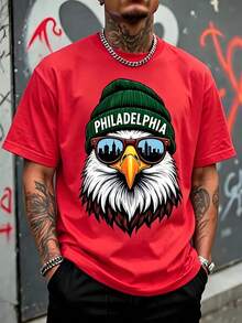 Men's Loose Fit T-Shirt, Bald Eagle Print With Green Wool Hat "Philadelphia" And City Silhouette Glasses, Short Sleeve T-Shirt American Urban Streetwear Style. - 紅色 - 查看 6