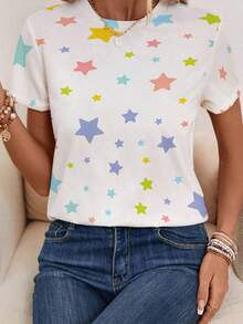 Camiseta de manga corta para mujer, de diseño simple y versátil, a la moda y casual - Colores estrellados y de ensueño. Estampada, adecuada para primavera y otoño, ideal para uso casual diar - Flor - Ver 3