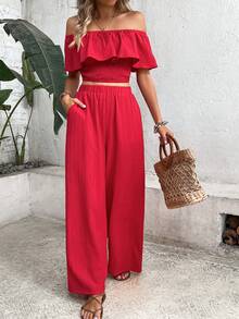 Ins, Blogger Favorite: Off-The-Shoulder Ruffle Crop Top + Wide-Leg Pants With Pockets And High Waist - Red - View 1