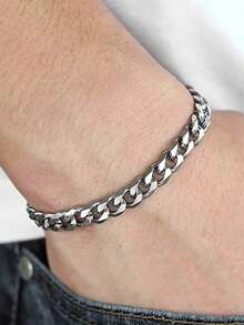 MECYLIFE 1pc Men's Classic Stainless Steel Cuban Link Bracelet, 5mm/7mm, Stackable - Silver - View 7