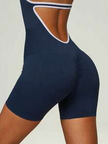 UONNOU Halter Neck Open Back Romper For Women, Contrast Trim Tummy Control Slim Sports Bodysuit - Navy Blue - View 5