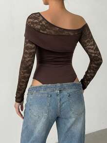Women's Off-Shoulder Lace Long Sleeve Bodysuit, Sexy Slim Fit Elastic Top, Tight Bodycon Blouse, Suitable For Party, Date, Commute (YY1239) - Brown - View 2