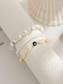 3pcs/Set Men's Beach Layered Bracelet Set: Seashell, Pearl, Evil Eye Stone Beaded Bracelets, Bohemian Style Vacation And Daily Wear Jewelry - White K - View 8
