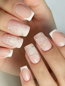Show Your Beauty 24pcs Classic Elegant Rhinestone White Butterfly Striped White Edge French Glossy Shiny Skin-Brightening Fake Nails Fashion Versatile Wearable Nails Suitable For Dates Parties Spring Summer Women And Girls Autumn Winter Daily Wear Removable Press-On Nail Set With Jelly Glue And Nail File Easy To Wear And Durable Jelly Glue Randomly Shipped - Multicolor - View 1