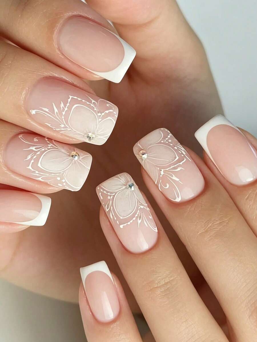 Show Your Beauty 24pcs Classic Elegant Rhinestone White Butterfly Striped White Edge French Glossy Shiny Skin-Brightening Fake Nails Fashion Versatile Wearable Nails Suitable For Dates Parties Spring Summer Women And Girls Autumn Winter Daily Wear Removable Press-On Nail Set With Jelly Glue And Nail File Easy To Wear And Durable Jelly Glue Randomly Shipped - Multicolor - View 1
