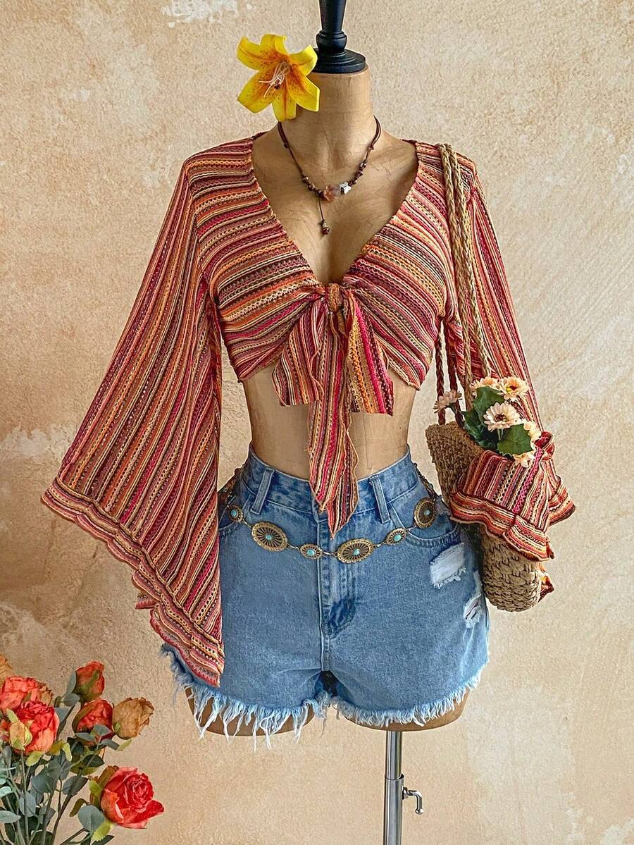 Blusa casual de vacaciones con abertura frontal,, manga campana, puño con volantes y estampado de leopardo - Multicolor 4 - Ver 1