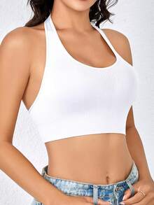 Seamless Sports Bra And Tank Top - Ribbed Halter Yoga Top With Open Back - 白色 - 查看 6