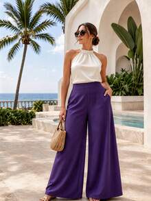Flowy High Rise Palazzo Pants In Deep Purple Pleated Drape Trousers Premium Single Layer Non See Through Slacks - Purple - View 7