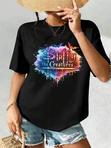 Camiseta de mujer extragrande con estampado gráfico colorido, ideal para primavera, estilo casual, transpirable y con un dise?o gráfico único. - Negro - Ver 2