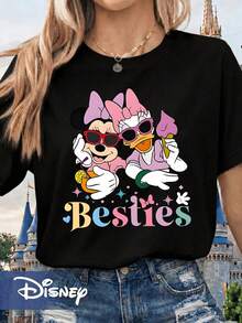 [Officially Licensed By Disney] Women's Crew Neck Graphic T-Shirt - Featuring Minnie Mouse And Daisy Duck, With "Best" Lettering. - Black - View 1