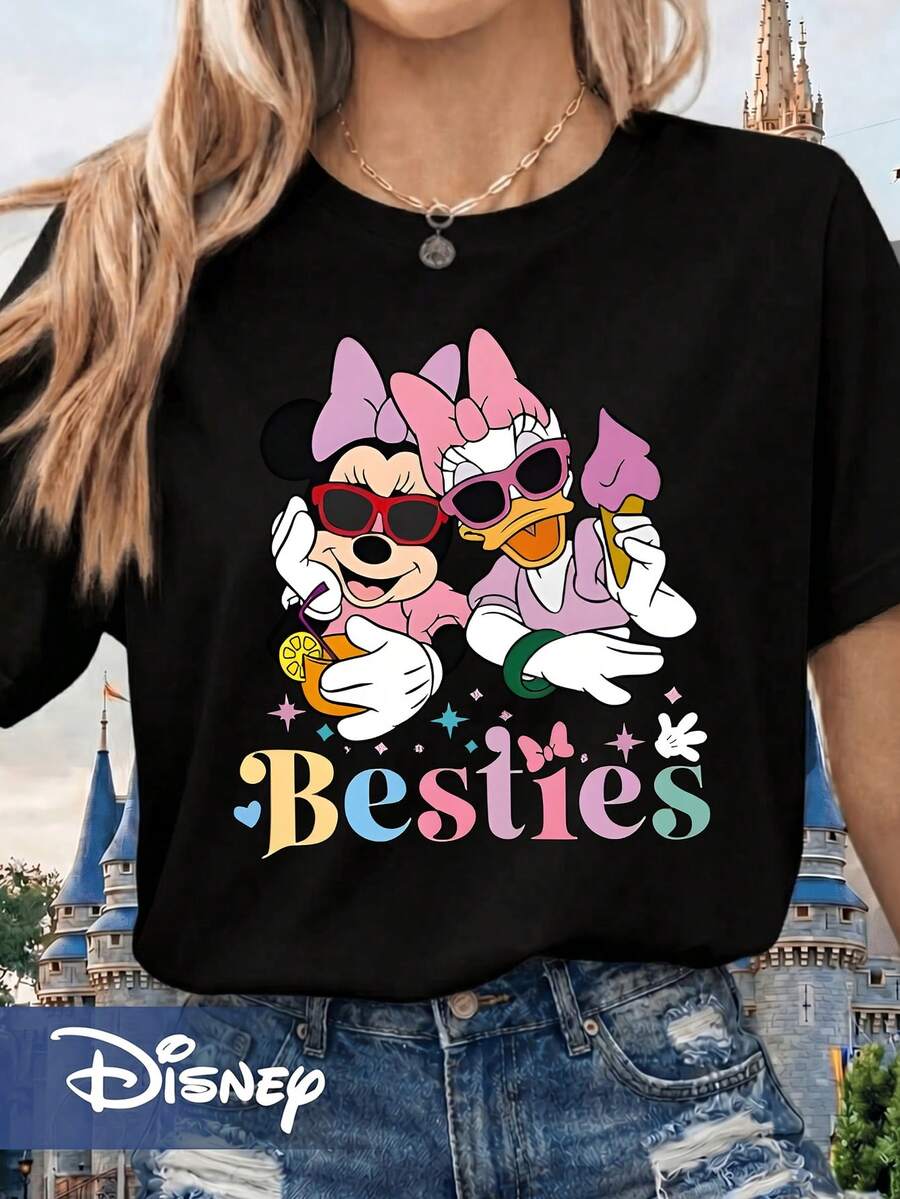 [Officially Licensed By Disney] Women's Crew Neck Graphic T-Shirt - Featuring Minnie Mouse And Daisy Duck, With "Best" Lettering. - Black - View 1