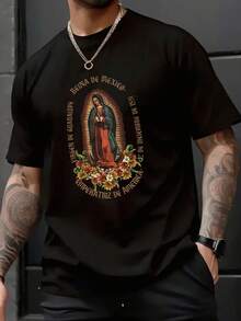 Virgen de Guadalupe rodeada de luz divina y flores que simbolizan esperanza fe y devoción a México Camiseta de hombre 100% algodón suave y cómoda - Negro - Ver 1