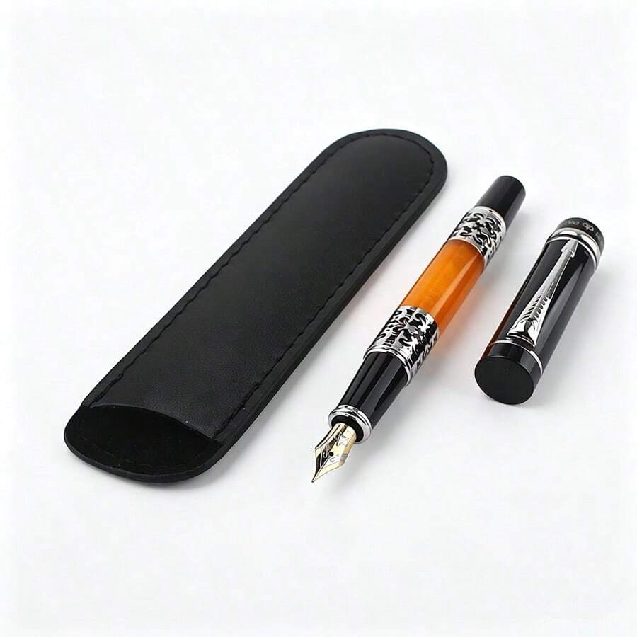 Vintage Carved Silver Pattern Fountain Pen, Fine Nib, Refillable Ink Pen, Single PU Leather Pen Pouch, Elegant Business Stationery Gift - 808 - View 1