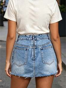 Women Denim Mini Skirts Irregular Raw Hem Zipper Back Jeans Skirts Summer Fashion Casual Short Skirts - Blue - View 1