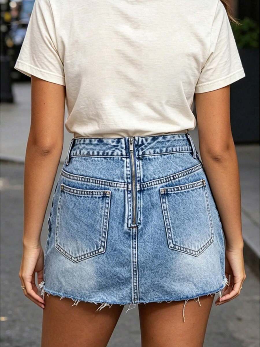 Women Denim Mini Skirts Irregular Raw Hem Zipper Back Jeans Skirts Summer Fashion Casual Short Skirts - Blue - View 1