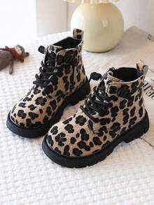 1 Pair Vintage Leopard Print Light Brown Round Toe Lace-Up Boots, Autumn Thick Sole Non-Slip Durable Foot Protection Fashion Daily Ankle Boots - Brown - View 20