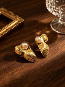 1 Pair Elegant French Style Stainless Steel Gold-Plated Stud Earrings, Thickened Design Anti-Fading, Low-Allergy, Non-Fading, Comfortable, Vintage Design, Suitable For Daily Wear And Parties, Valentine's Day Gift, Perfect All-Season Accessory For Girls - Gold - View 2