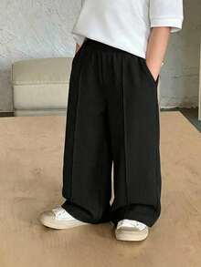 1件男孩簡約純色休閒直筒長褲，多口袋華夫格針織長褲，春季開學季新品 - 黑色 - 查看 7