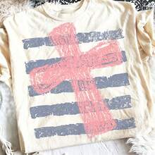 1 pieza Camiseta con estampado de cruz estilo costero desgastado, para verano, playa, vacaciones, con estampado de fe, manga corta, para mujer, estilo casual occidental. - Blanco - Ver 2