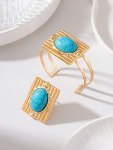 1 Set Elegant Fashion Exaggerated Design Geometric Striped Square Inlaid Faux Turquoise Bracelet + Ring Women's Jewelry Set - Turquoise - View 2