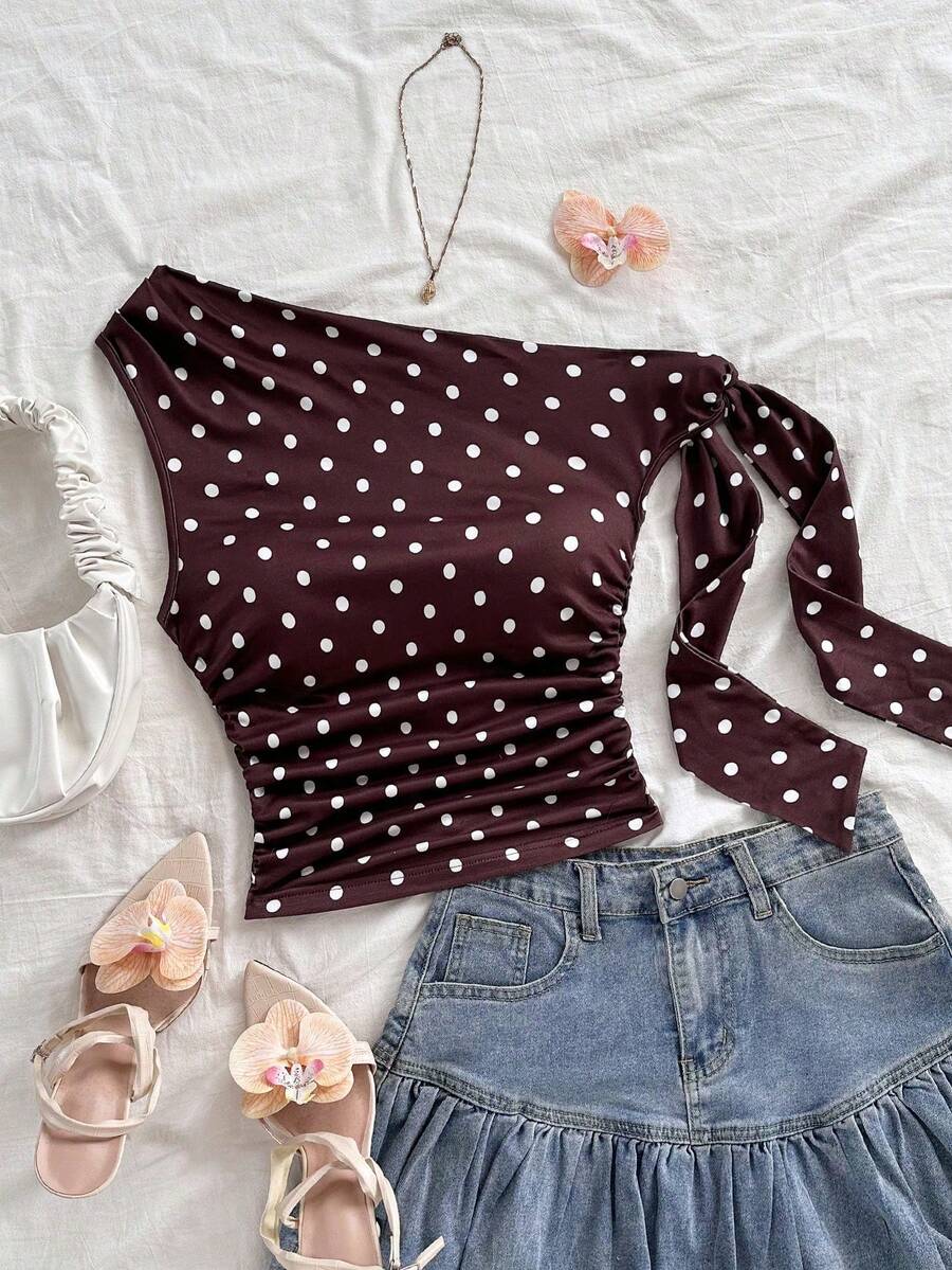 Women's Polka Dot Sleeveless Blouse With Ruching And Front Bow For KQTV - 全穀類咖啡 - 查看 1