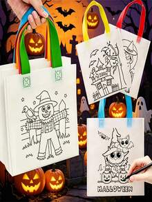 60/48/24/12pcs Halloween DIY Gift Bags, Graffiti Tote Bags, Various Pumpkin Graffiti Tote Bags, Witch Graffiti Tote Bags, With Colorful Handles, Atmosphere Creating Supplies, Holiday Photo Props, Suitable For Halloween Group Activities, Party Gift Packaging Bags - View 8
