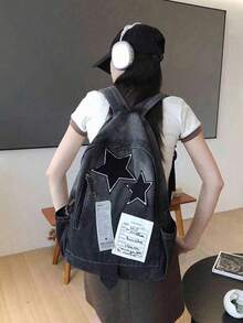 Dedoo Washed Denim Backpack With Star Patch Label Detail, Y2K Punk Style Large Capacity Casual Daily Backpack, Suitable For Teenagers' Everyday Streetwear - Multicolor - View 3