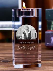 1pc Custom Laser Engraved Square Crystal Candle Holder, Personalized Upload Photo & Text Memorial Keepsake Tealight Holder, Funeral Condolence Gift For Family Grandparent, Desktop Home Decor. - Multicolor - View 5