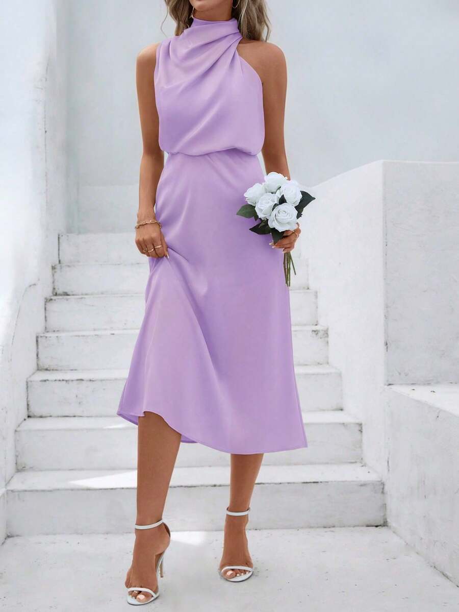 Women's Sleeveless Satin Midi Dress, European And American Plus Size Fashion, Elegant And Versatile Design, Summer Party Evening Dress - 灰藍色 - 查看 1
