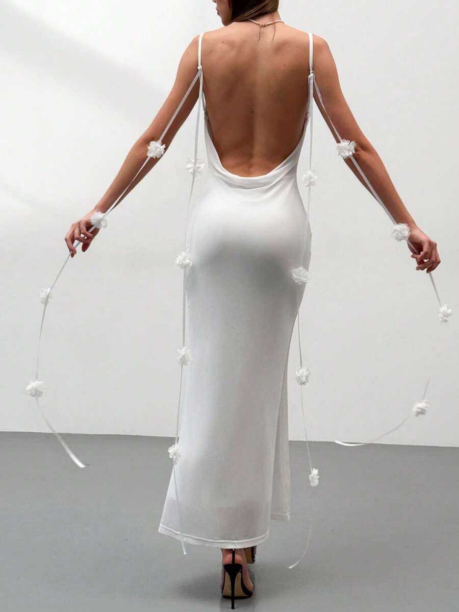 Vestido de tirantes con decoración floral de unicolor y estilo sexy para mujer - Blanco - Ver 1