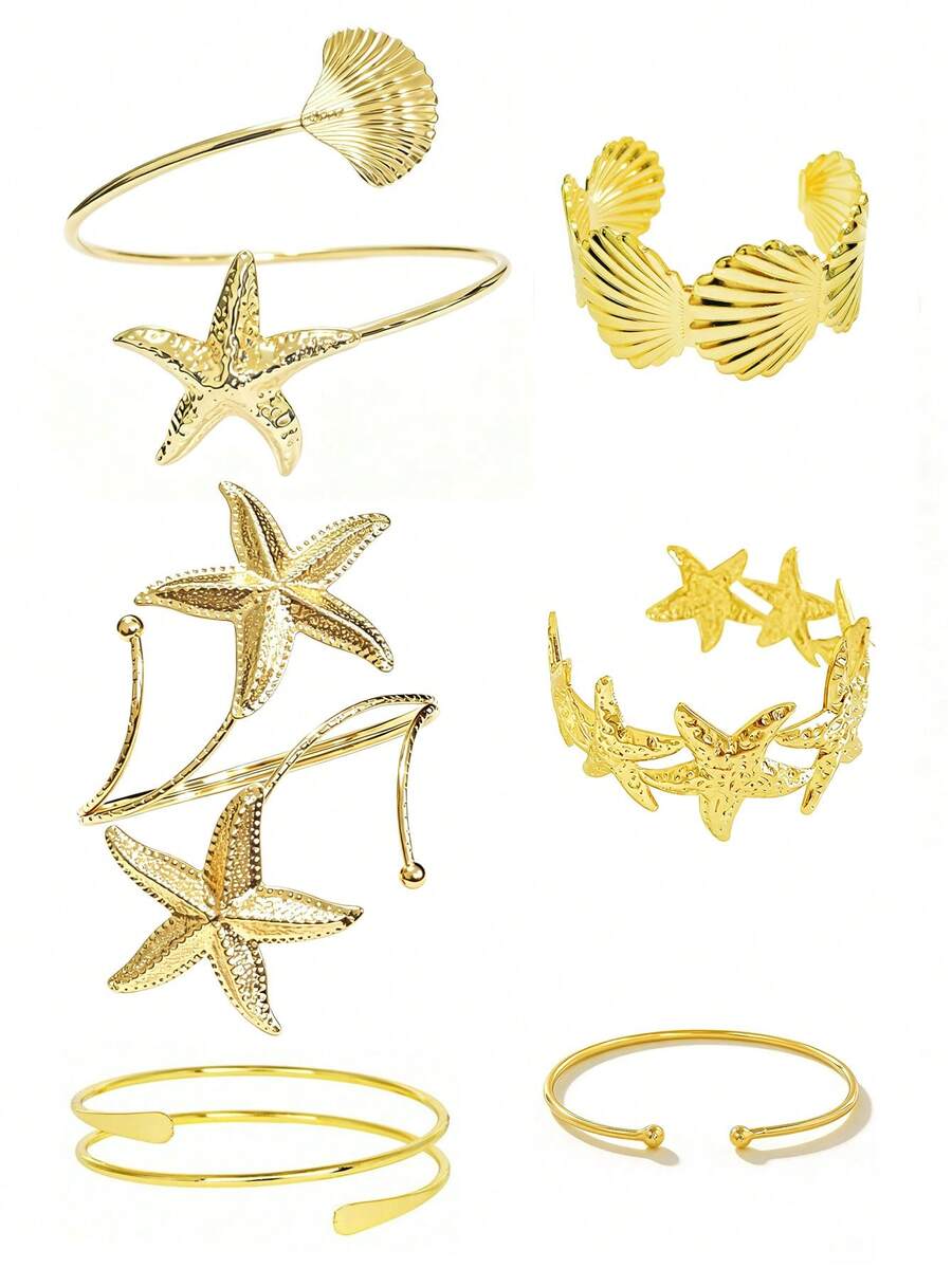 6pcs Minimalist Geometric Arm Cuff Bracelet Set, Personalized Exaggerated Metal Floral Pattern Polished Musical Note Arm Bangle, Suitable For Party, Gift For Friends And Family, Daily Wear - Gold - View 1
