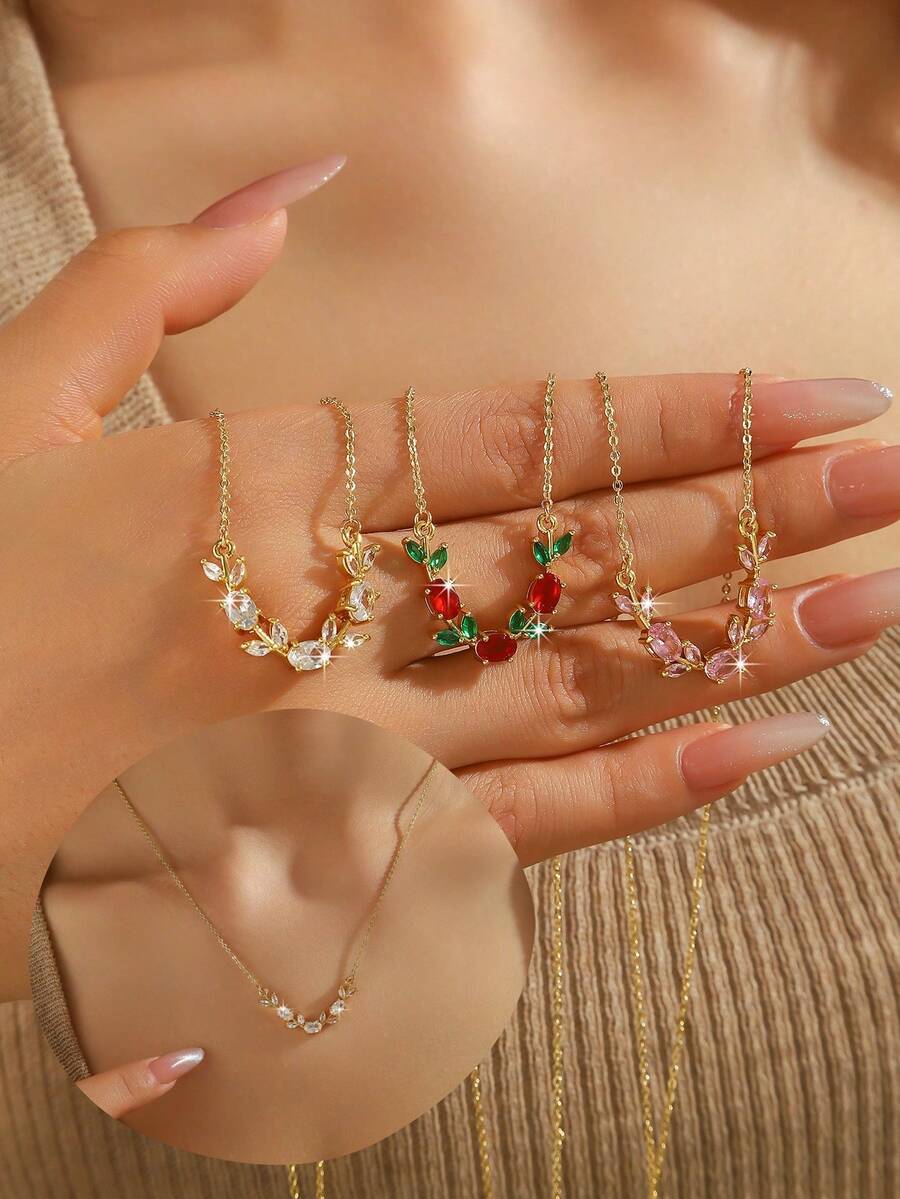 1pc Elegant Luxury Floral Branch Leaf Pendant Necklace, Sparkling Cubic Zirconia, Women Girls Daily Commute Date Versatile Neck Accessory, Ramadan Eid Al-Adha Valentine's Day Gift - Multicolor - View 1