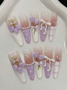 10 Peças Unhas Postiças Longas Stiletto Feitas à Mão para Festa e Uso Diário, Unhas Roxas, Tulipas Roxas Esculpidas em 3D, Para Usar 10 Peças Unhas Postiças Feitas à Mão Y2K, Unhas de Verão. Fácil de Usar, Unhas de Verão, Adequado para Meninas e Mulheres em Festivais, Festas e Uso Diário - Lavanda - Visão 11