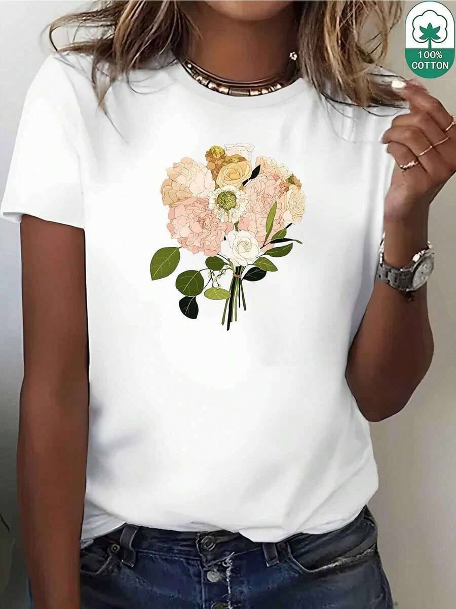 ropa de mujer Camiseta con estampado floral doble, suave y cómoda, ideal para el verano, diseño floral en rosa brillante, amarillo y verde, adec - Blanco - Ver 1