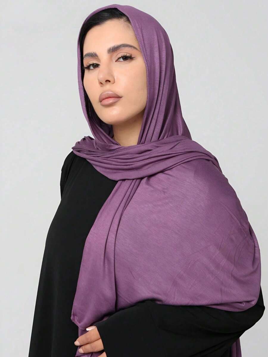 1 Piece Of Solid Color Soft Jersey Hijab, Pure Long Scarf For Women. - 紫色 - 查看 1