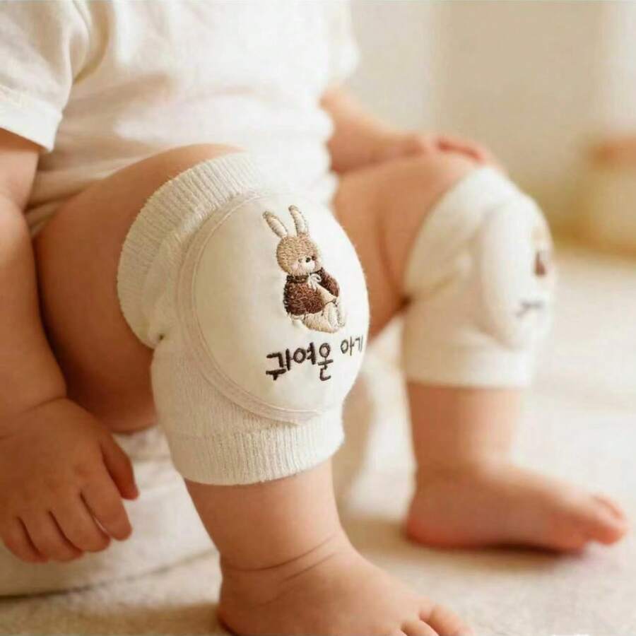 A-Class Pure Cotton Baby Crawling Knee Pads, 3D Embroidered Rabbit Non-Slip Leg Protectors, High Elasticity Breathable Anti-Collision Crawling Pads - 0-3 Years Old - View 1