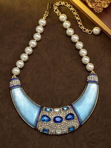 Collar de Perlas & Zafiros Estilo Corte Vintage, Versátil para Banquetes, Fiestas y Desplazamientos Diarios, Exquisito Ribete de Strass Completo con Diseño Degradado Azul, Elegante y Sofisticado, Regalo de Aniversario Perfecto para la Novia o la Mejor Amiga - collar - Ver 2