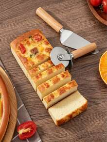 1pc/2pcs Stainless Steel Pizza Peel And Roller Knife Set, A Durable Baking Tool. A Space-Saving, Heat-Resistant Wooden-Handle Kitchen Cutting Set, Suitable For Pizza And Cake. An Excellent Practical Gift For Home Baking Enthusiasts. - Silver-wood Handle - View 2