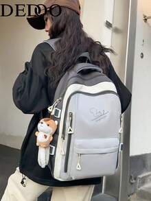 Dedoo Colorblock Squirrel Embroidery Large Capacity Ergonomic Backpack, Fresh Campus Style, Suitable For Students Back To School And Daily Commute - Light Grey - View 2