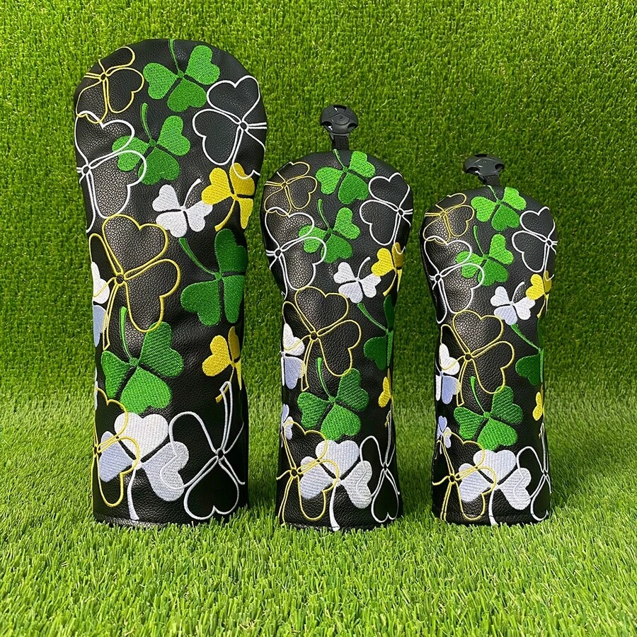 Colorful Lucky Clover Golf Club Headcover, Dark Base With Fresh Floral Leaf Design, Golf Accessory - Black - View 1