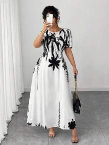 xuehuamaoyi02  Vestido midi de línea A con cintura ceñida, elegante y favorecedora para mujer talla grande, ideal para uso diario y para ir al - Blanco y Negro - Ver 5