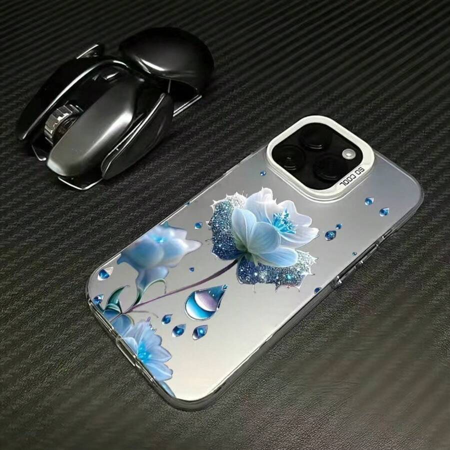 Blue Flower Case Suitable For Apple 15 Plus, 16 Pro, Water Drop 14 Pro, Floral 13, Premium 17 New - 彩銀殼-白色-藍色花 - 查看 1