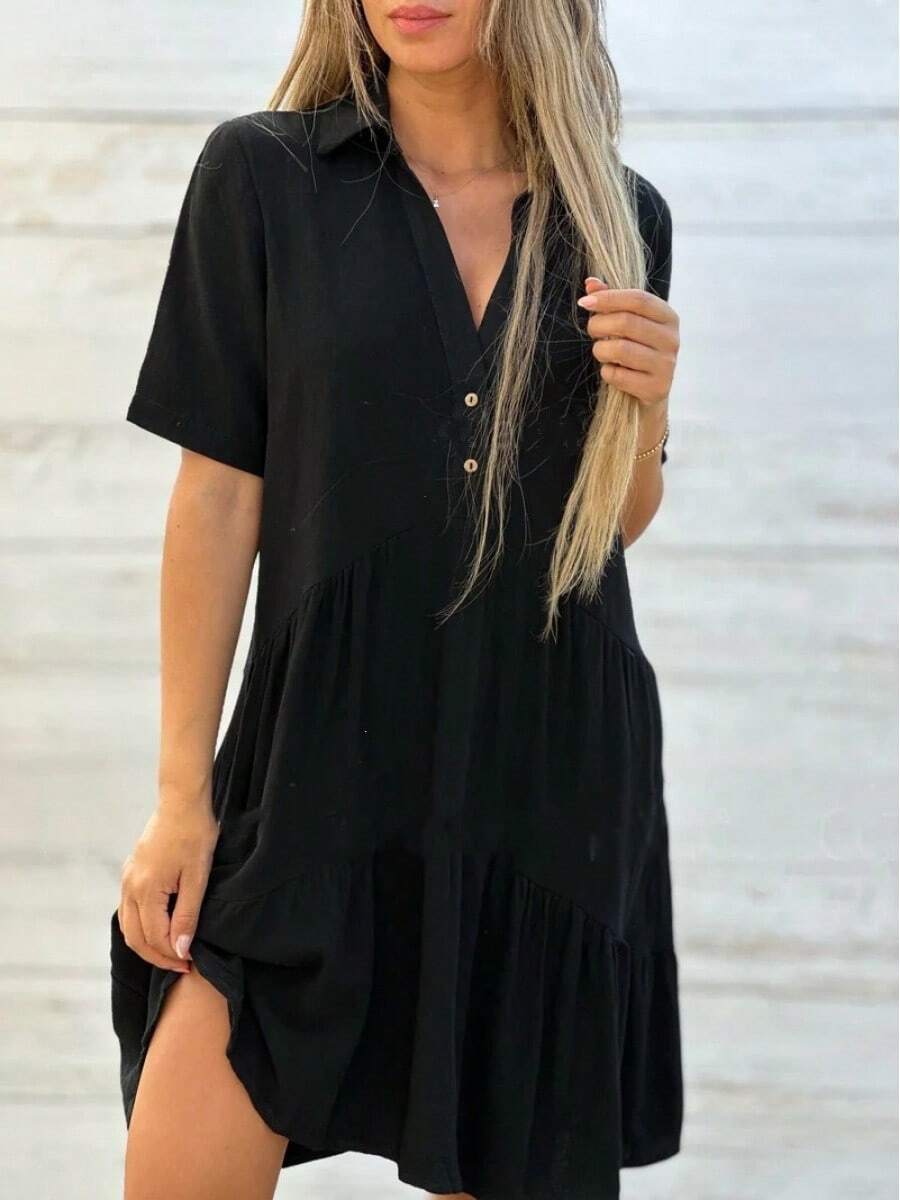 Women's Cross-Border Clothing In European And American Style, Casual Short-Sleeved Dress In Cotton And Linen, Loose Fit, Plain Color And With A Turn-Down Collar. - 黑色 - 查看 1